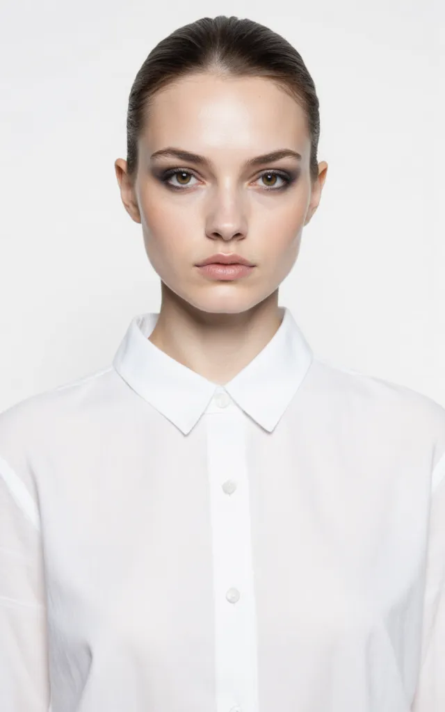 A French female model with a Monochromatic makeup style, wearing a shirt, against a white background, in a front   facing bust portrait
